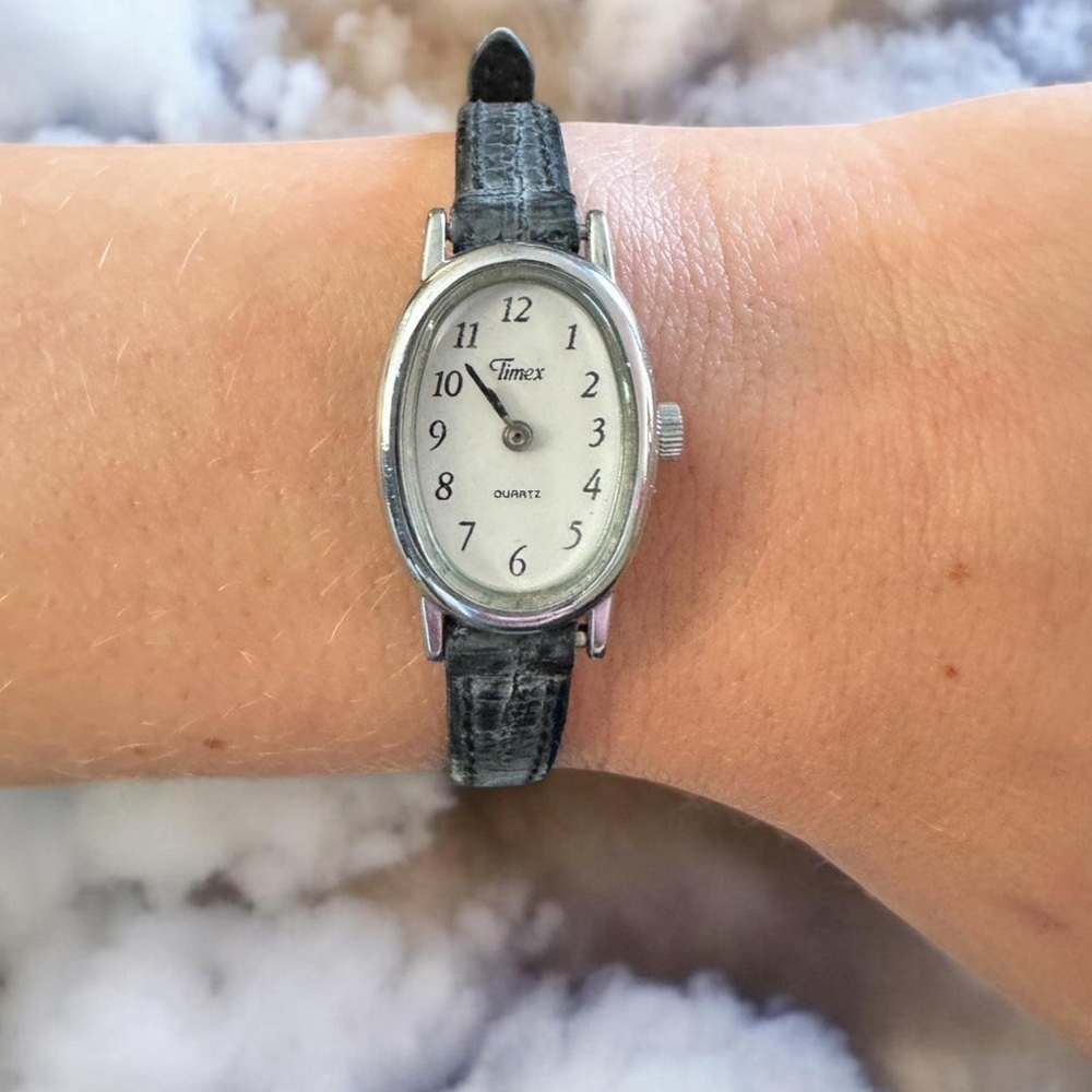 Timex Silver and Black Leather Watch